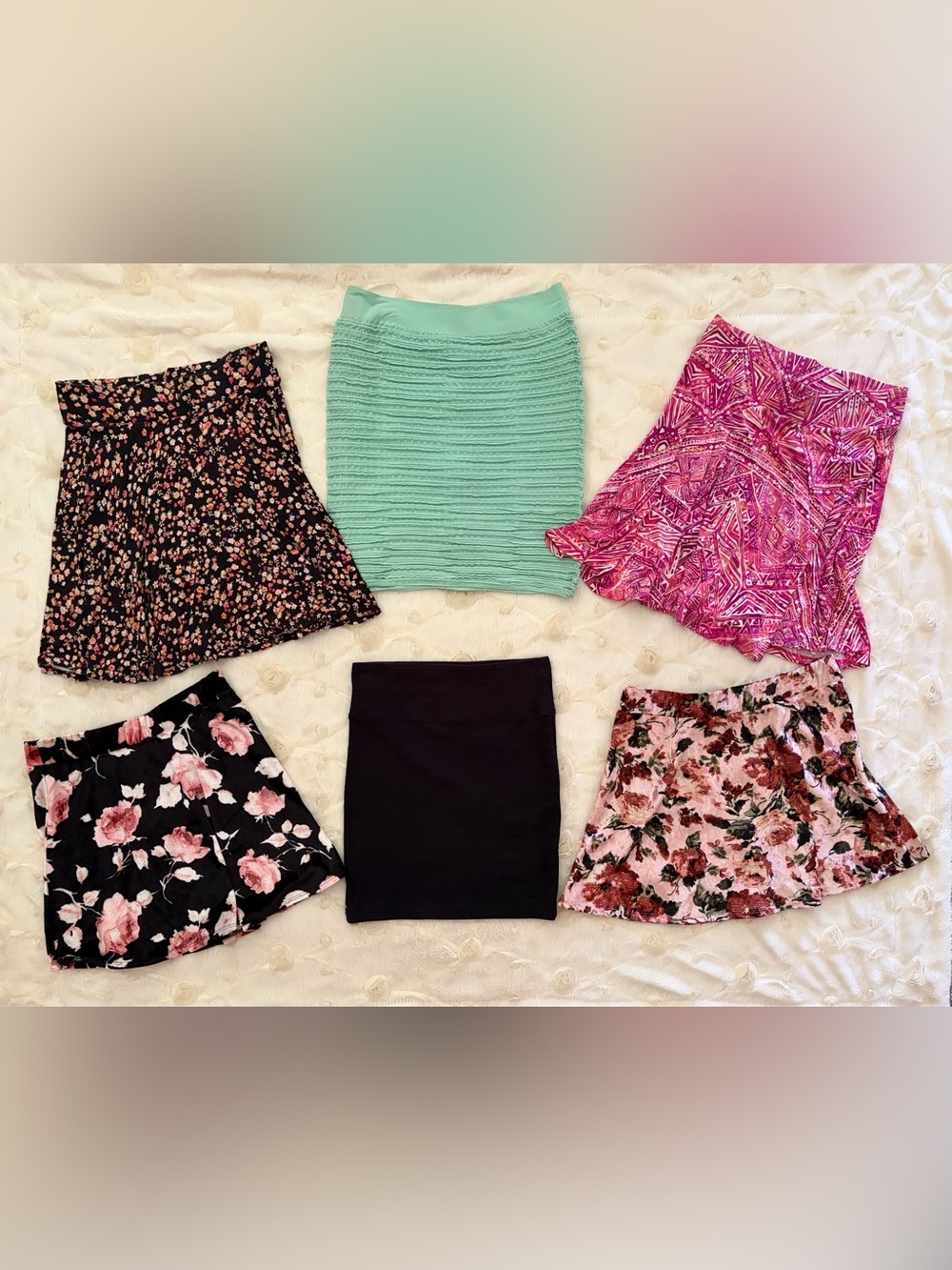 LOT of SIX Sexy BOHO Stretch Women’s Skirts - Velvet, Floral, Pink, Black, Mint